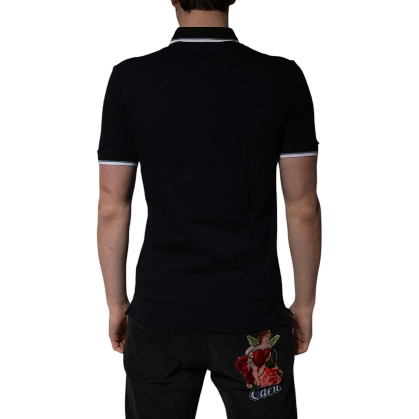 Dolce & Gabbana black cotton polo t-shirt with crown embroidery, shown from the back, highlighting regular fit and collared style.