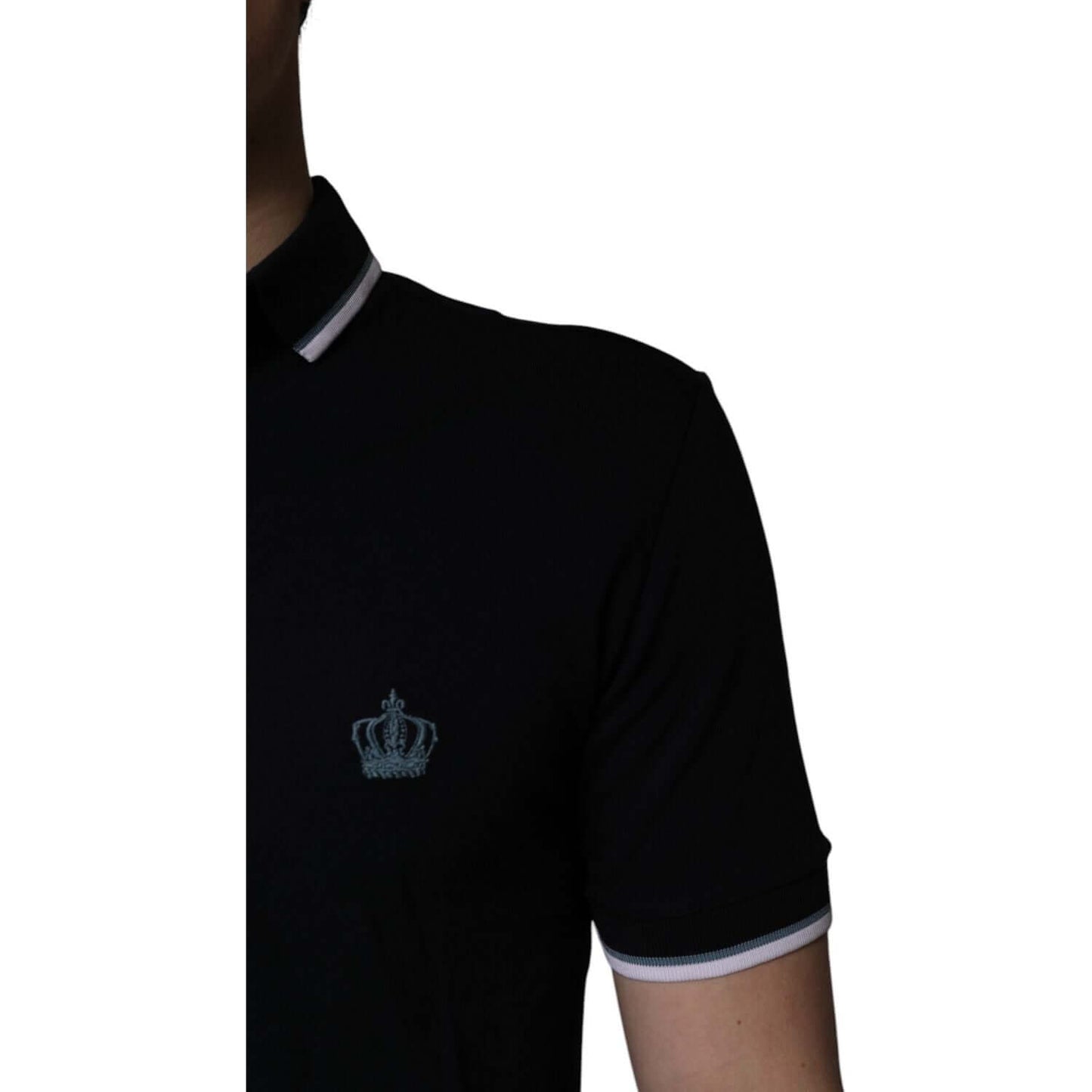 Dolce & Gabbana black cotton polo t-shirt with crown embroidery, short sleeve, collared design, 100% cotton, made in Italy.