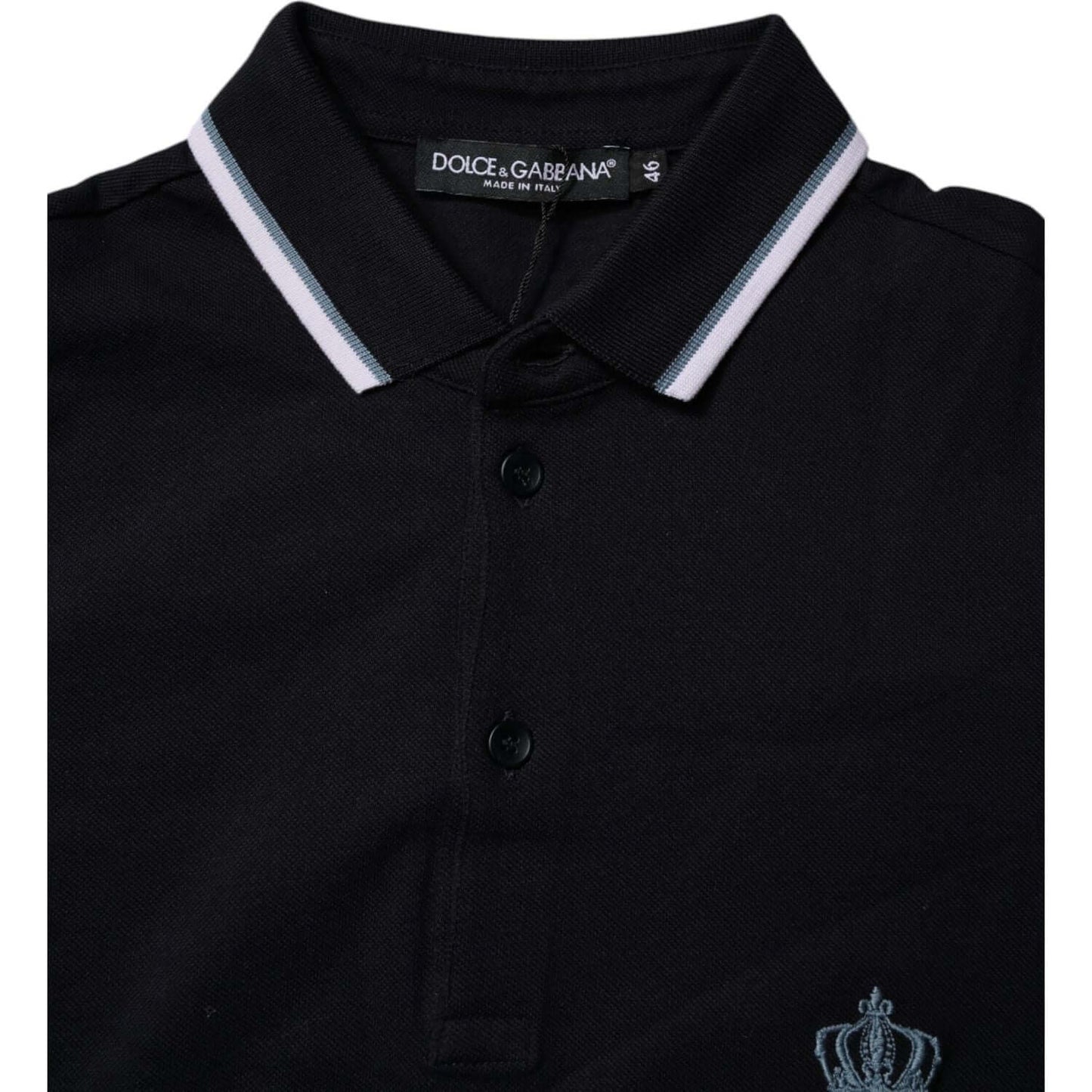 Dolce & Gabbana black cotton polo t-shirt with crown embroidery, collared design, regular fit, and button closure.