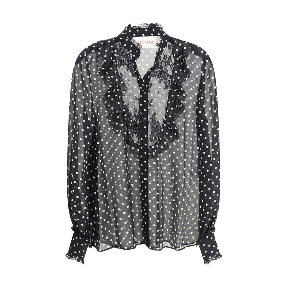 Valentino silk shirt with polka dot pattern, mandarin collar, front button closure, ruffled cuffs, and elegant lace detailing.