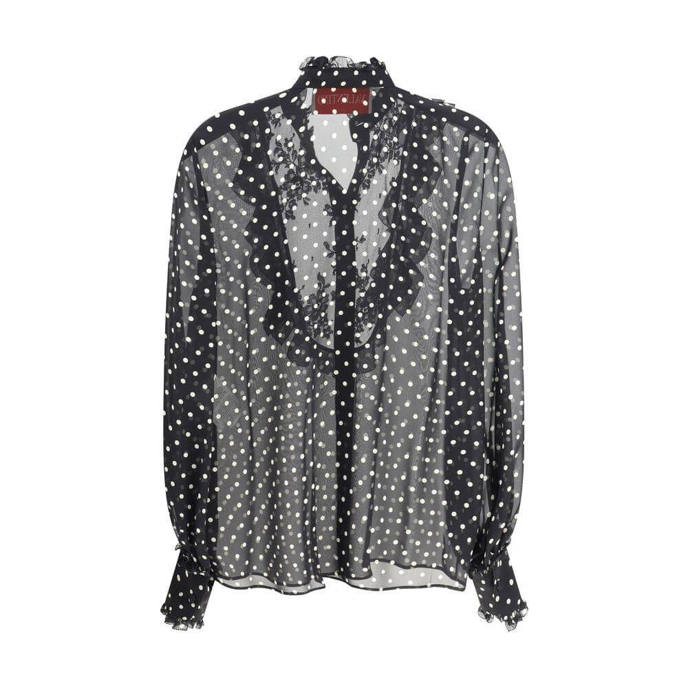 Valentino polka dot silk shirt with semi-transparent fabric, mandarin collar, ruffles, and lace detailing, exuding elegance and femininity.