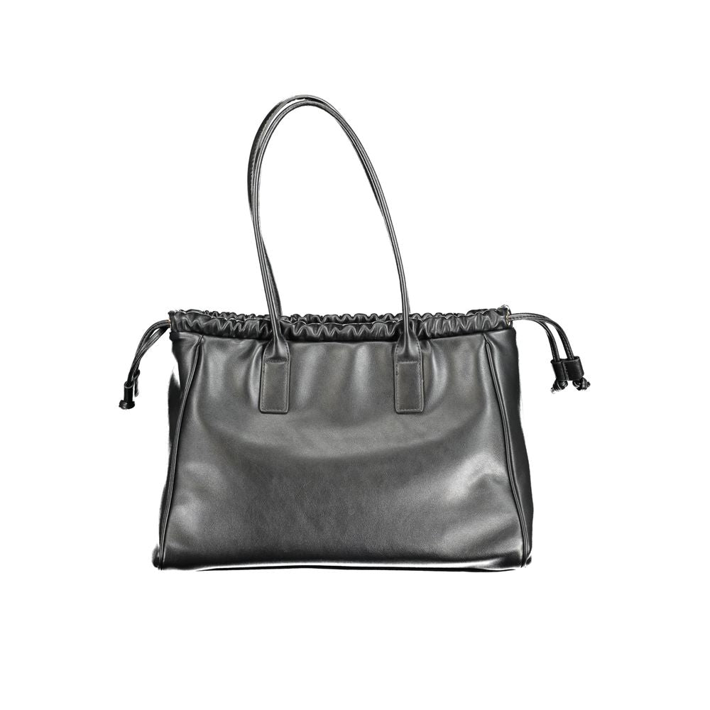 Valentino Bags black polyethylene handbag with shoulder handles, internal pocket, phone holder spaces, zip, and drawstring closure.