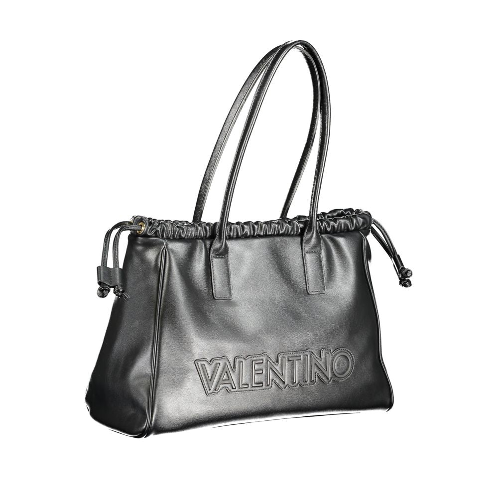 Valentino black polyethylene handbag with shoulder handles, internal pocket, phone holder, zip, and drawstring closure.