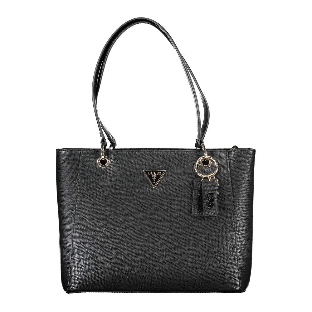 Guess Jeans black polyethylene handbag with shoulder handles, external pocket, zip closure, and logo detailing.