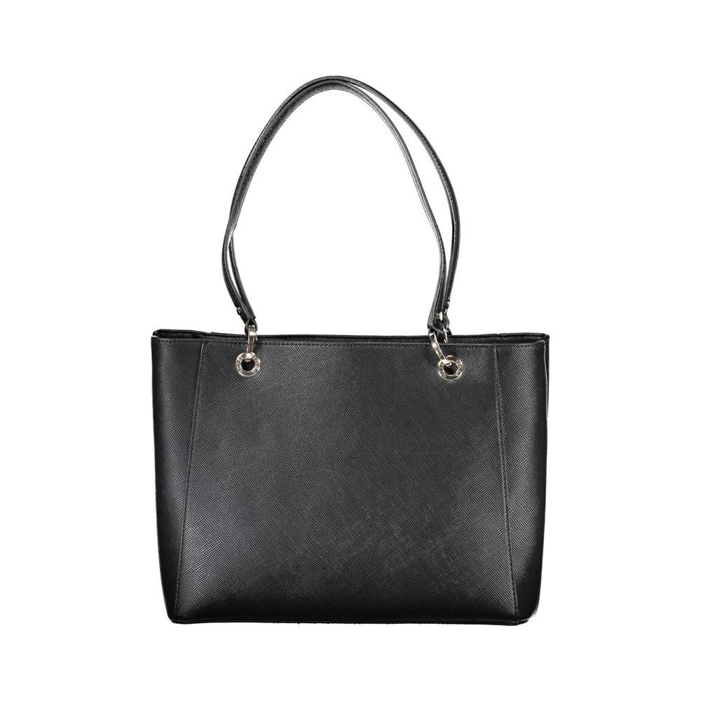 Guess Jeans black polyethylene handbag with two shoulder handles, external pocket, two compartments, contrasting details, and logo.