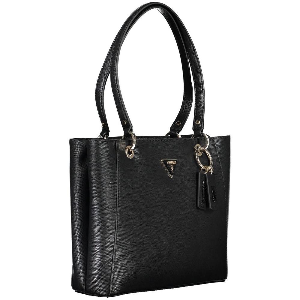 Black Guess Jeans handbag with double shoulder handles, external pocket, dual compartments, internal phone holder, and zip closure.
