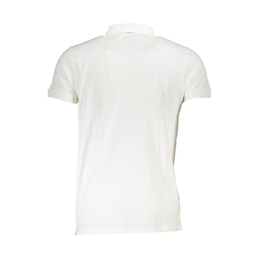 Back view of Cavalli Class white cotton polo shirt with short sleeves, featuring 3 buttons and logo embroidery.