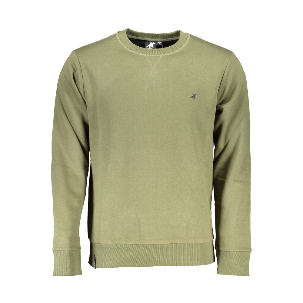 U.S. Grand Polo green cotton sweater with overlong sleeves, crew neck, and embroidered logo. Casual fleece sweatshirt.