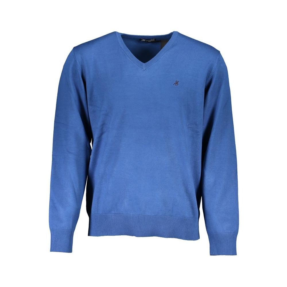 U.S. Grand Polo blue nylon V-neck sweater with logo embroidery, long sleeves, and overall design.