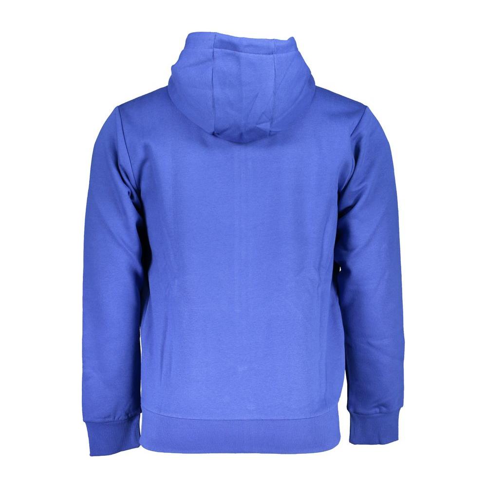 Back view of U.S. Grand Polo blue cotton sweater featuring overlong sleeves, hood, two pockets, and embroidered logo.