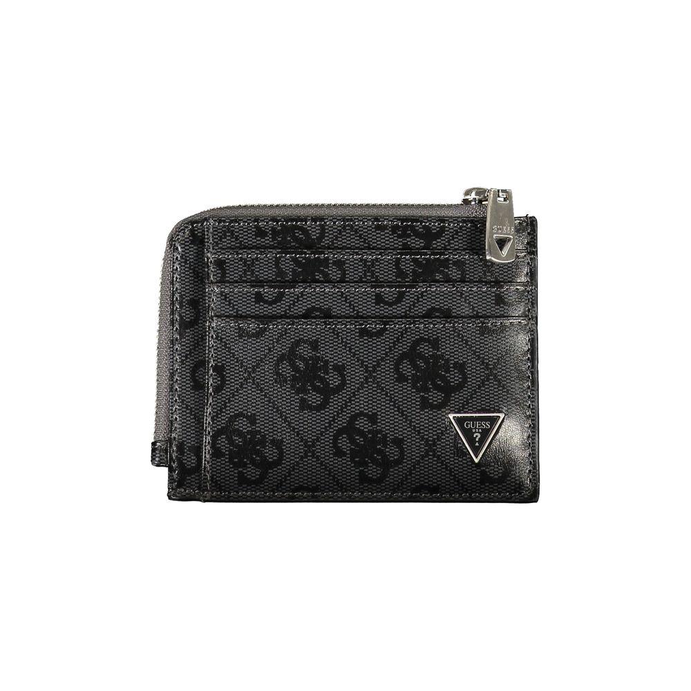 Guess Jeans sleek black leather wallet with contrasting accents, external pockets, and zip closure.