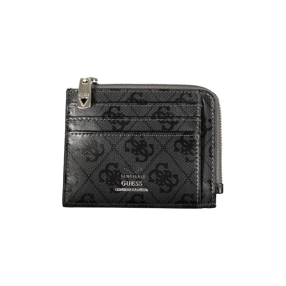 Guess Jeans sleek black leather wallet with contrasting accents, featuring two external pockets, double card slots, and secure zip closure.