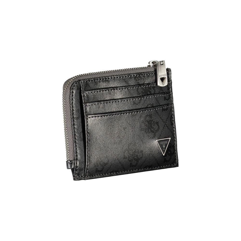 Guess Jeans sleek black leather wallet with contrasting accents, featuring external pockets, card space, and secure zip closure.