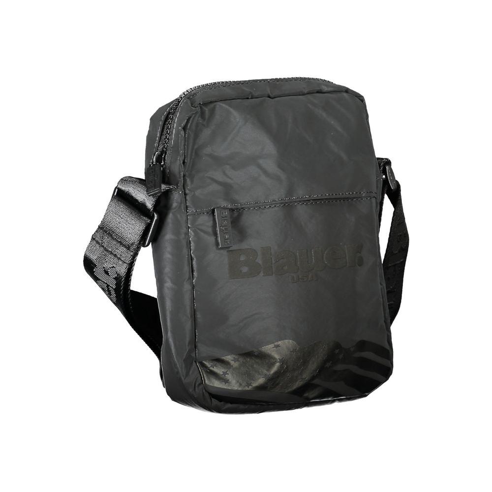 Blauer sleek black shoulder bag with adjustable strap, featuring durable polyester, zip closure, and stylish logo appliqué.