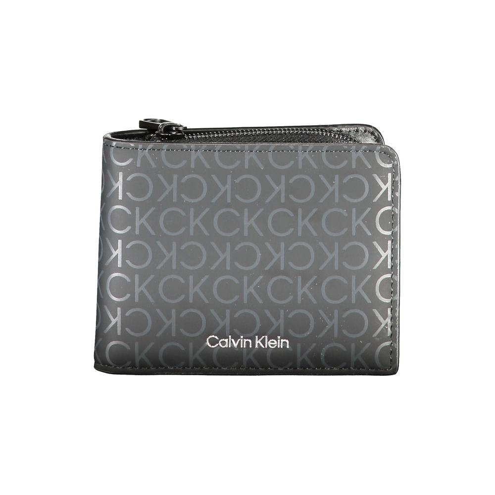 Calvin Klein black polyester wallet with logo, zip closure, RFID blocking, double card spaces, and coin purse.