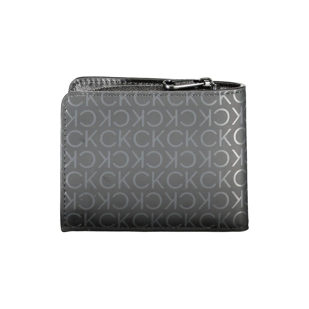 Calvin Klein black wallet with RFID blocking, zip closure, card slots, coin purse, and logo pattern.