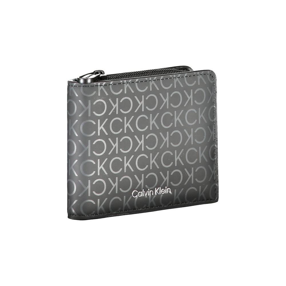 Calvin Klein black polyester wallet with zip closure, double card slots, coin purse, RFID blocking, contrast details, and CK logo.