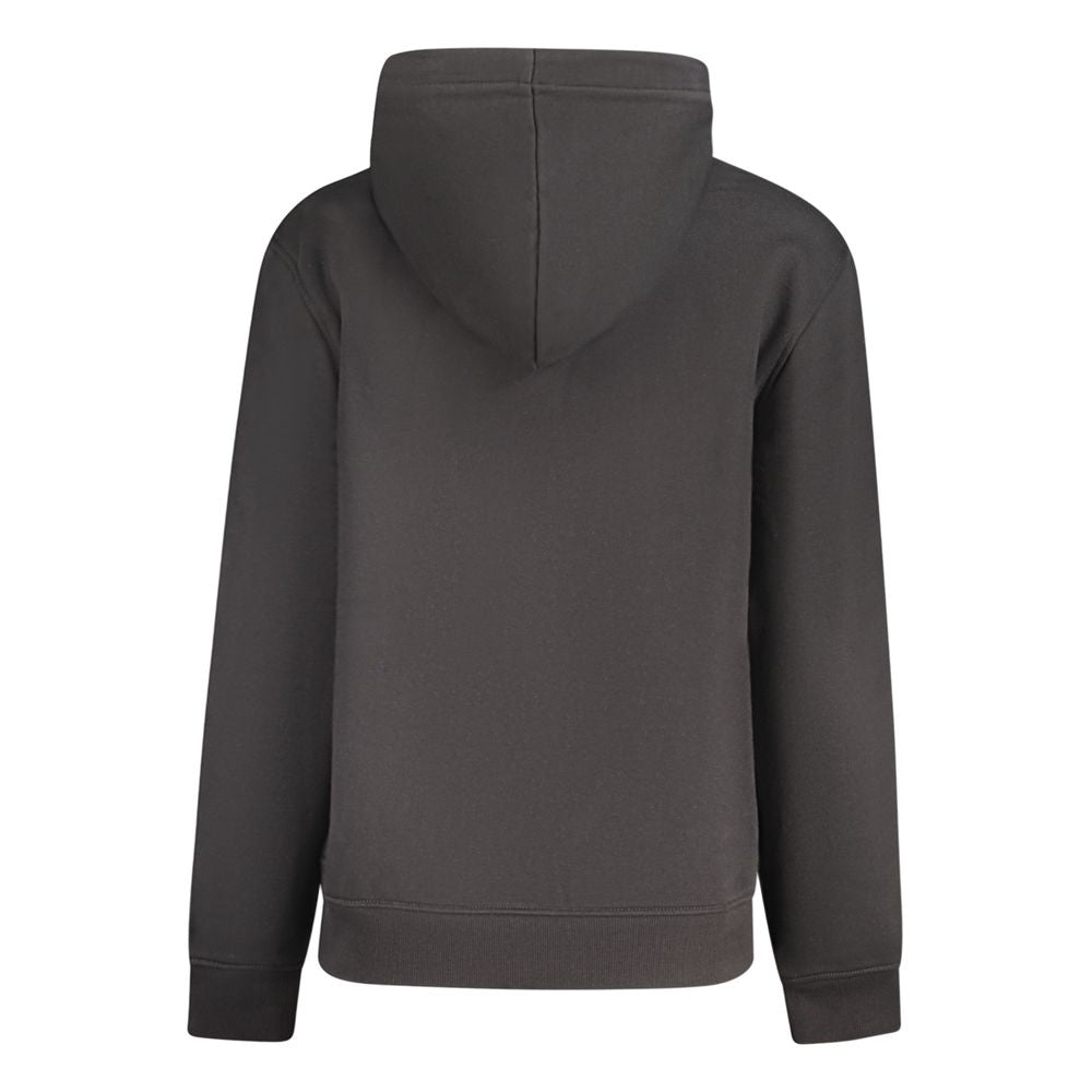 Back view of Calvin Klein black cotton women's sweater, featuring a hood and sleek design, ideal for chic and comfortable style.