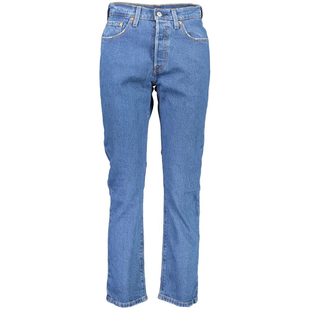 Levi's blue cotton jeans featuring classic 5 pockets and buttons, showcasing iconic logo for stylish, durable wear.