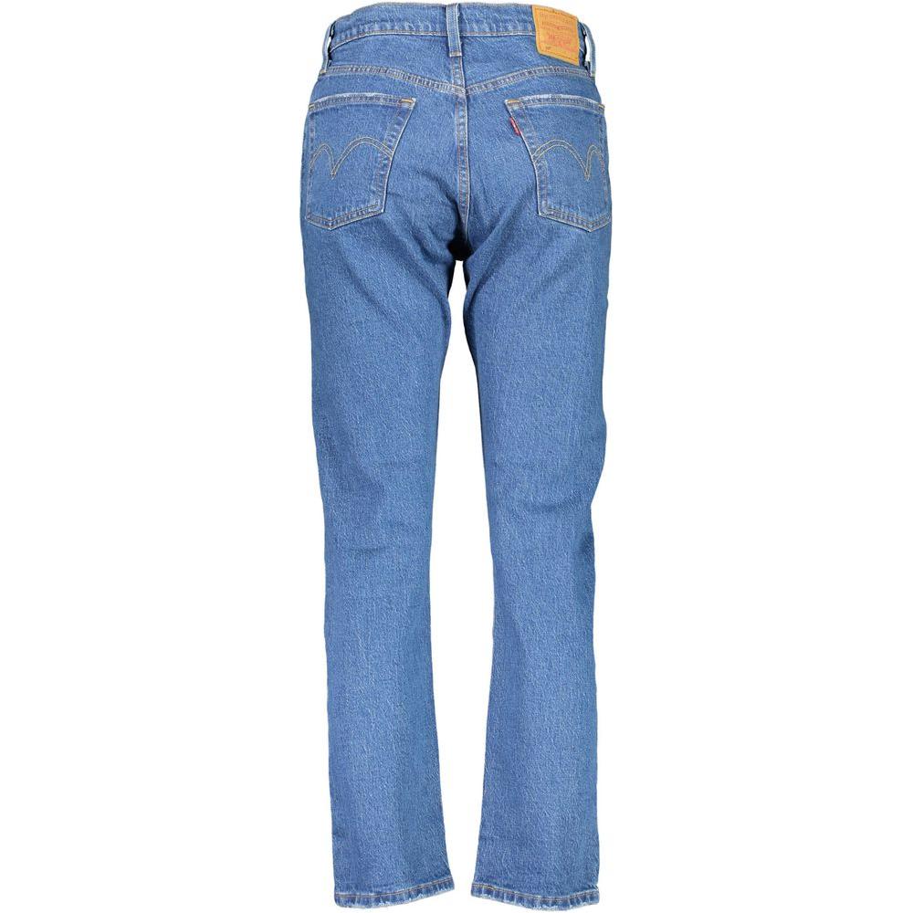 Back view of Levi's blue cotton jeans showcasing 5 pockets, button closure, and logo patch.