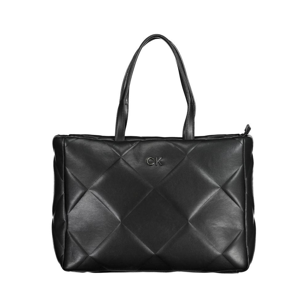 Calvin Klein black polyester handbag with two shoulder handles, internal pocket, zip closure, and CK logo, eco-friendly design.