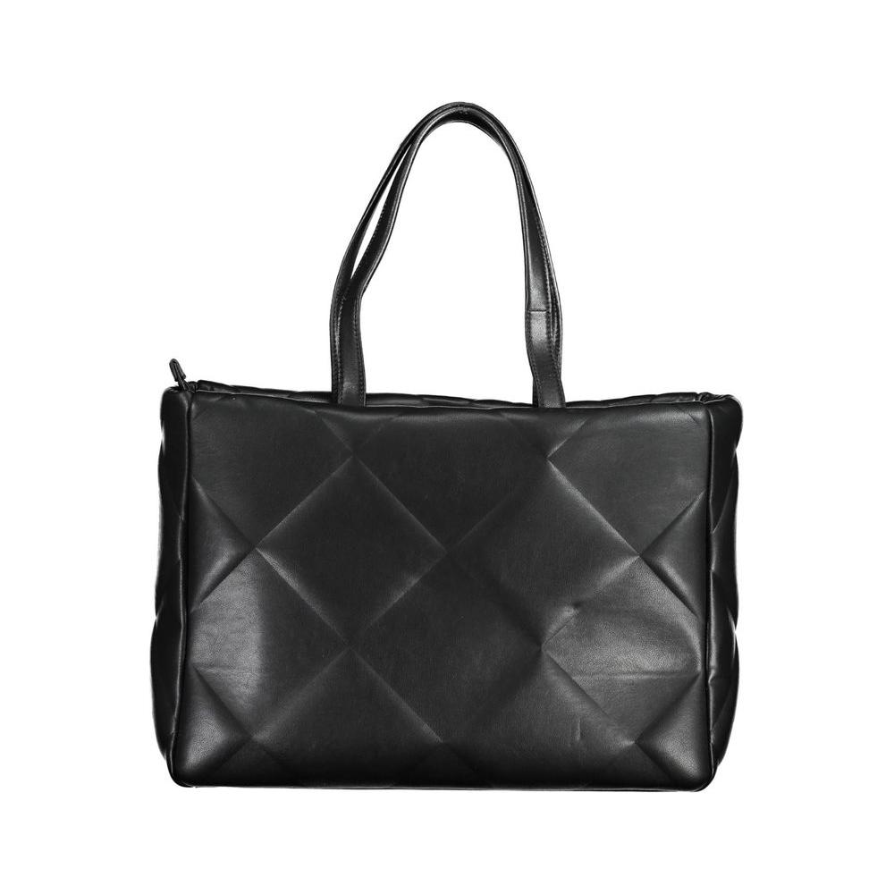 Calvin Klein black handbag with quilted design, two shoulder handles, zip closure, and logo, made from 50% recycled polyester.