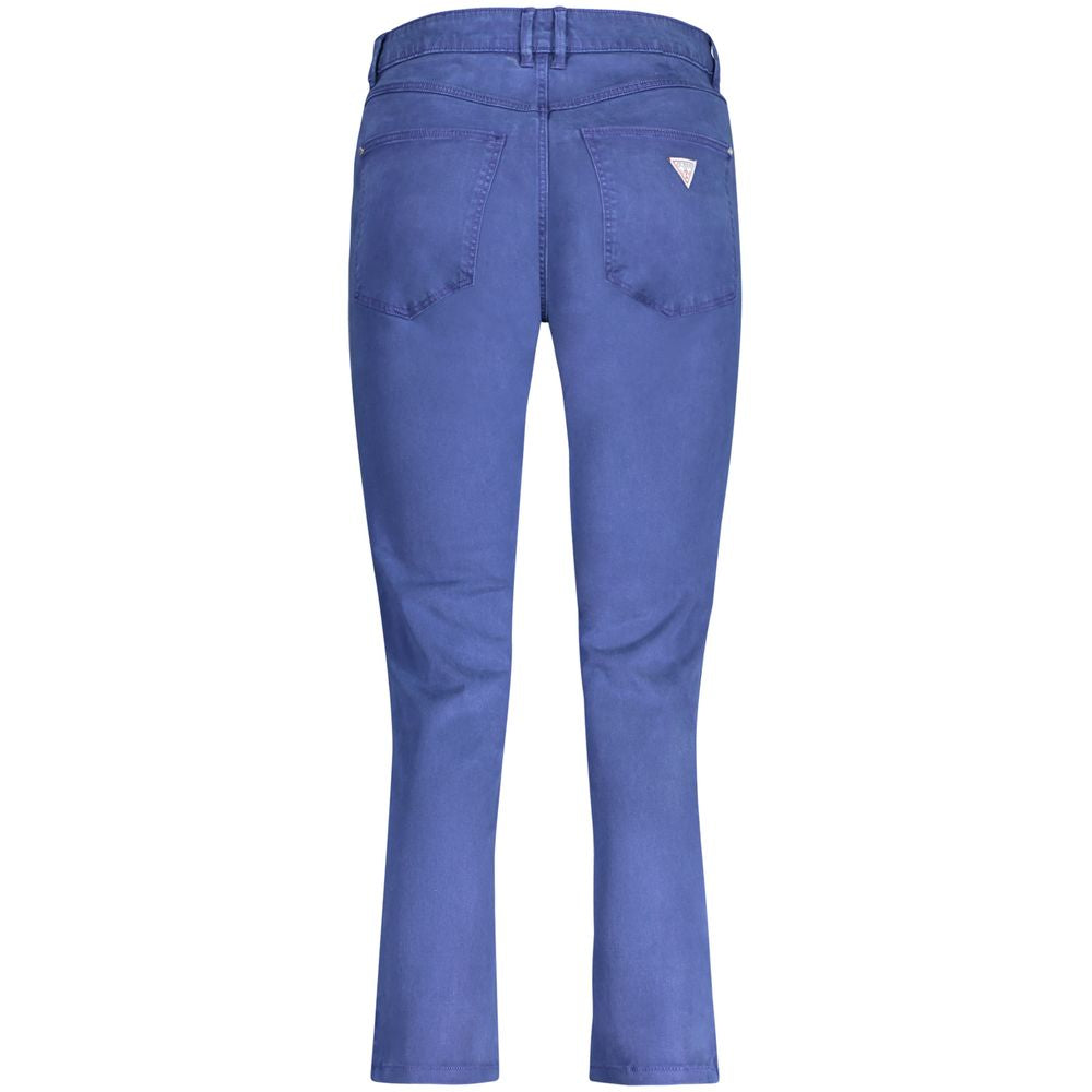 Back view of Guess Jeans blue lyocell women's skinny high-waisted jeans with detachable scarf and logo.