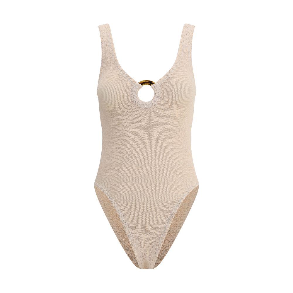 Hunza G Celine Swimsuit with circular cut-out and crinkle fabric for a timeless, elegant look, perfect fit for all body types.