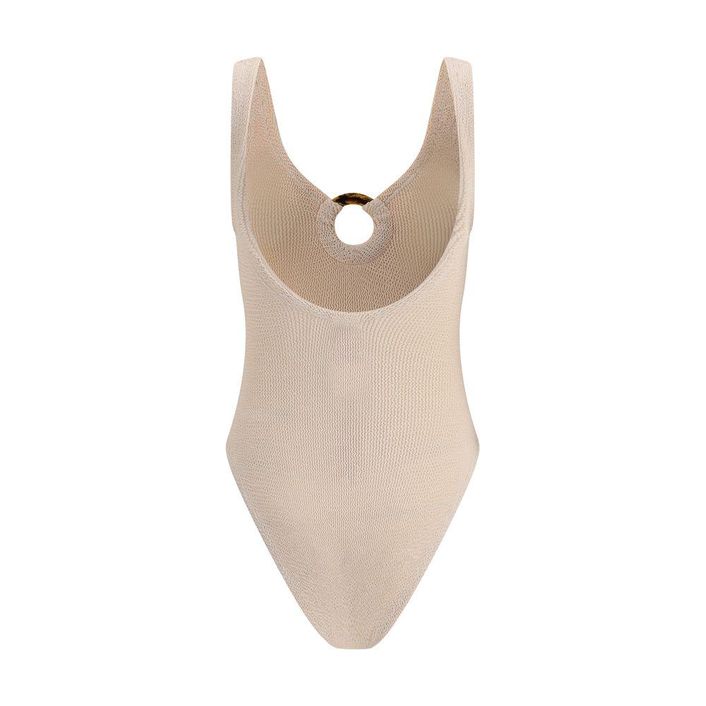 Hunza G Celine Swimsuit, front view, ivory color with circular cut-out, showcasing crinkle stretch fabric for a perfect fit.