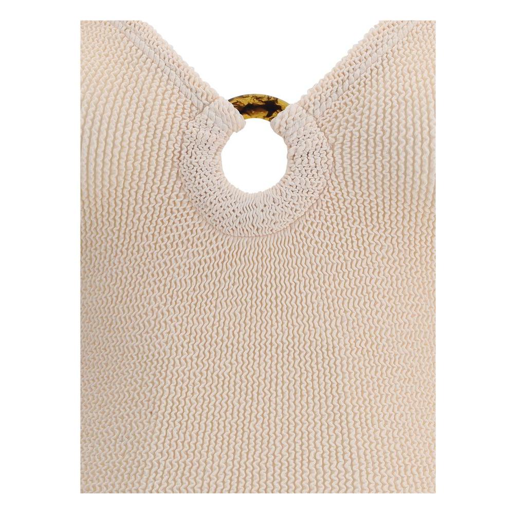Close-up of Hunza G Celine Swimsuit showcasing neckline with circular cut-out and unique crinkle texture.