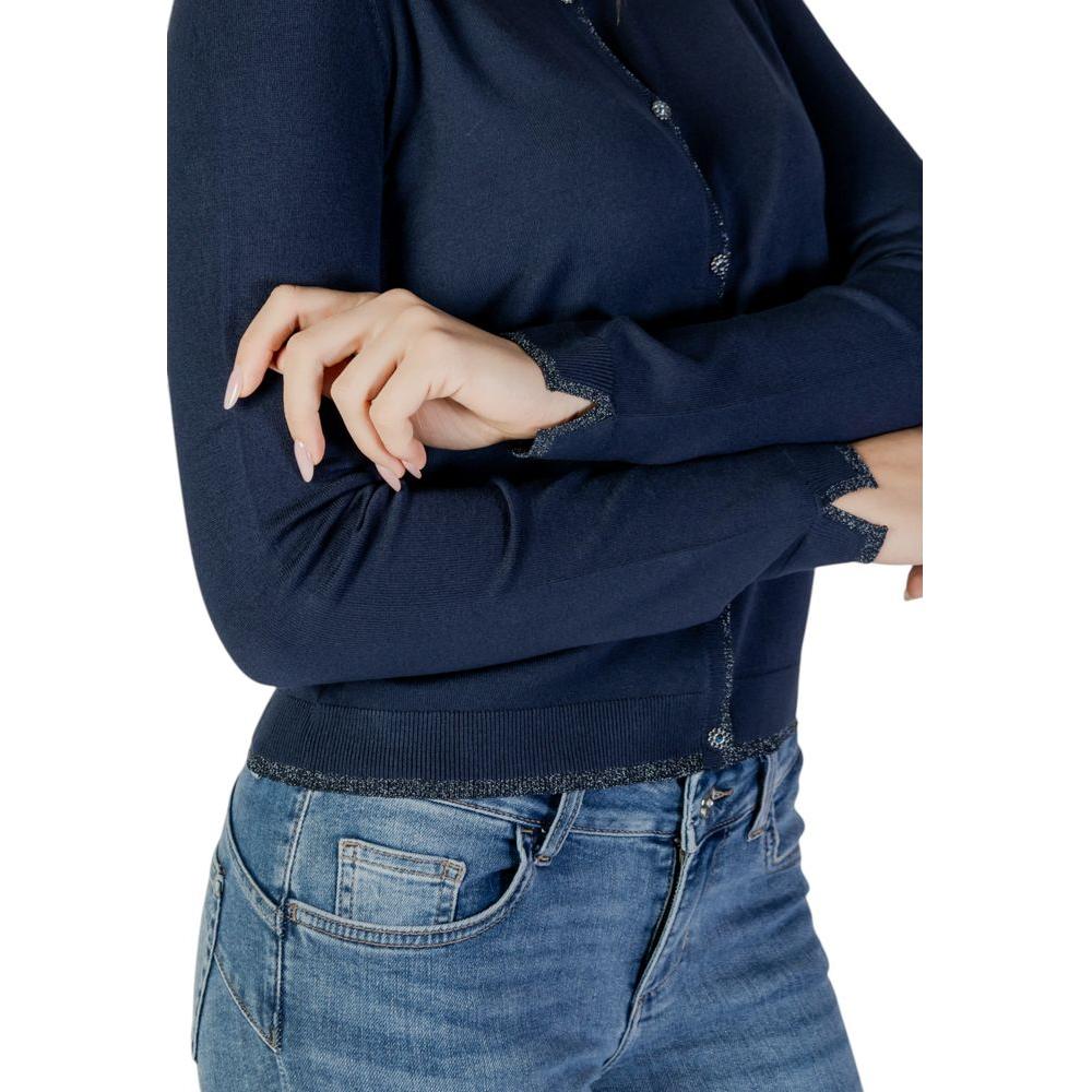 Liu Jo blue viscose women's cardigan, spring/summer collection, 80% viscose, 20% polyamide, displayed on a model in jeans, casual style.