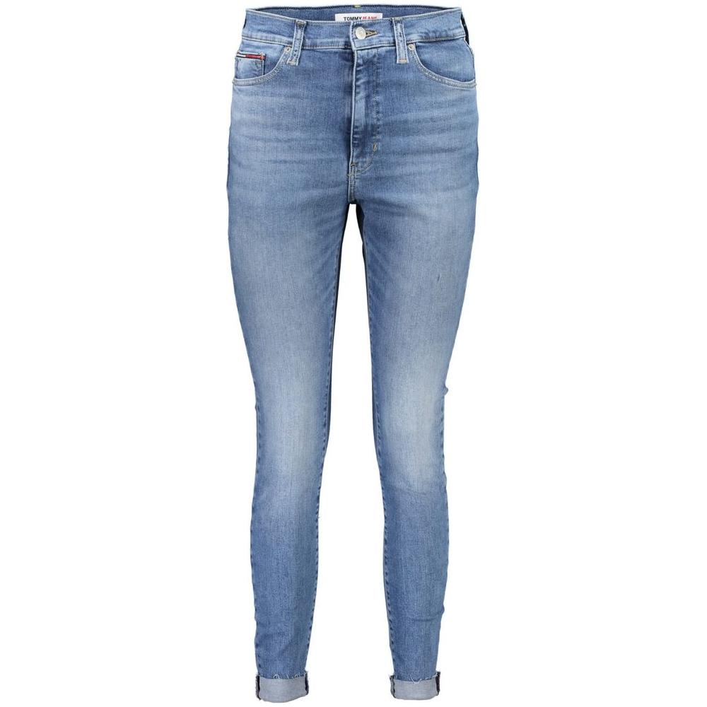 Tommy Hilfiger light blue skinny jeans with button and zip, featuring a modern, chic washed effect and iconic logo for women.