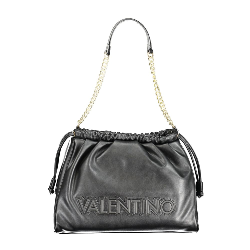 Valentino black polyethylene handbag with chain shoulder handle, adjustable strap, internal pocket, phone holder, and logo detailing.