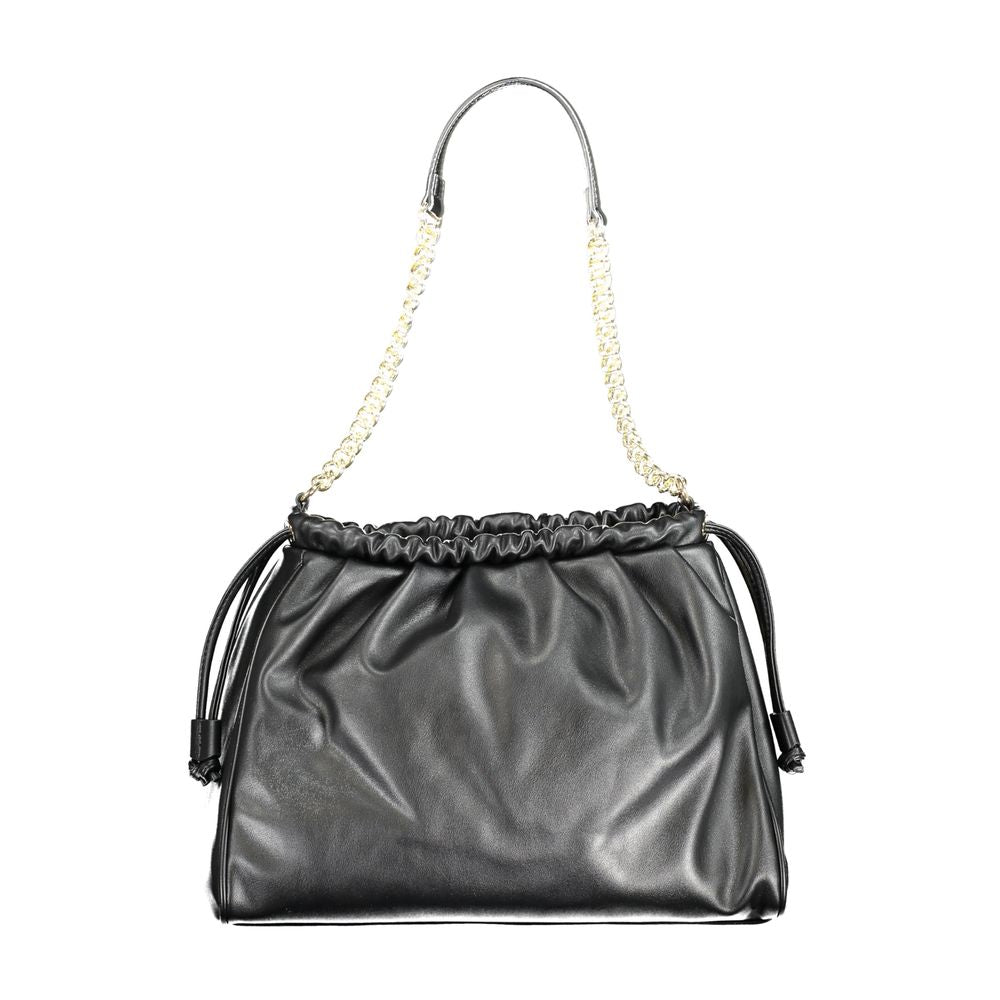Valentino black polyethylene handbag with chain shoulder handle, adjustable strap, internal pockets, zip and drawstring closure.