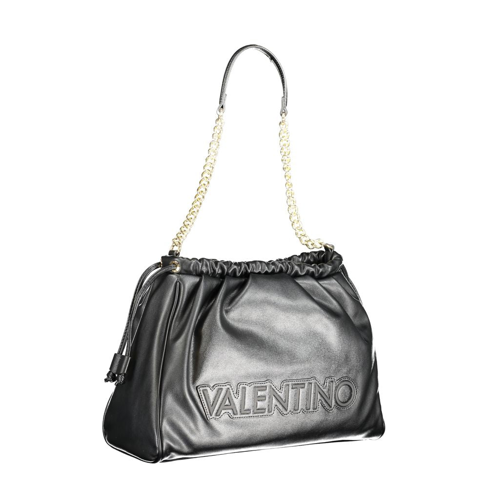 Valentino black polyethylene handbag with chain shoulder handle, adjustable strap, zip closure, and logo application.