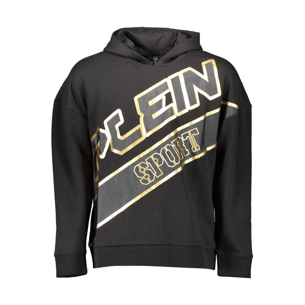 Plein Sport black cotton men sweater with bold logo and contrasting details, premium athleisure hooded sweatshirt.