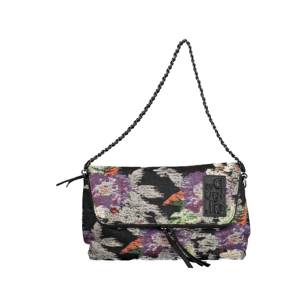 Desigual black handbag with floral design, featuring a removable shoulder strap and multiple compartments for chic organization.