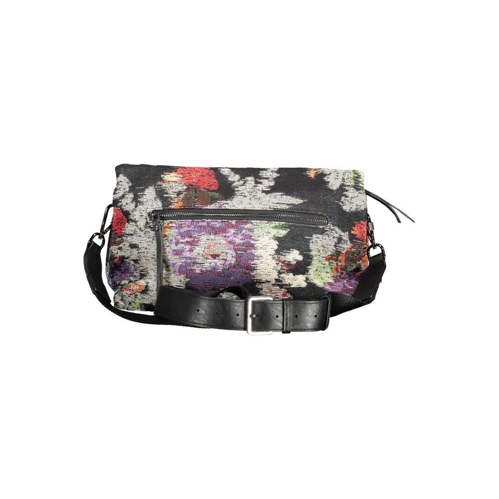 Desigual black polyester women's handbag with floral design, featuring adjustable shoulder strap and spacious compartments.