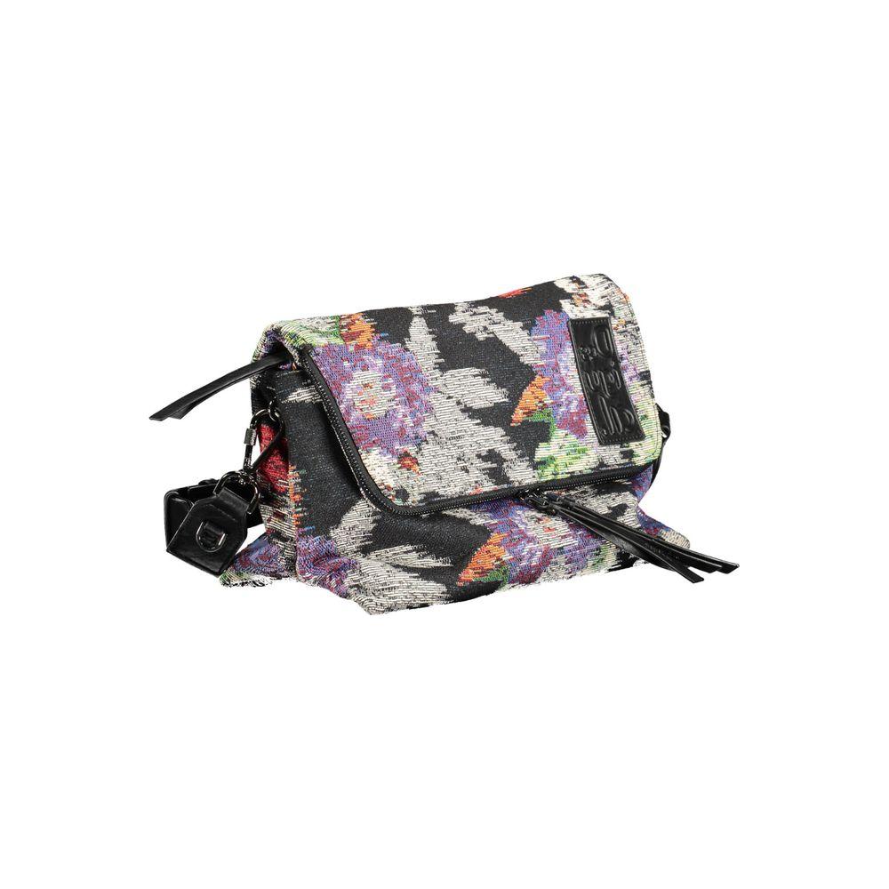 Desigual black polyester women's handbag with colorful design, featuring double removable shoulder strap and spacious compartments.