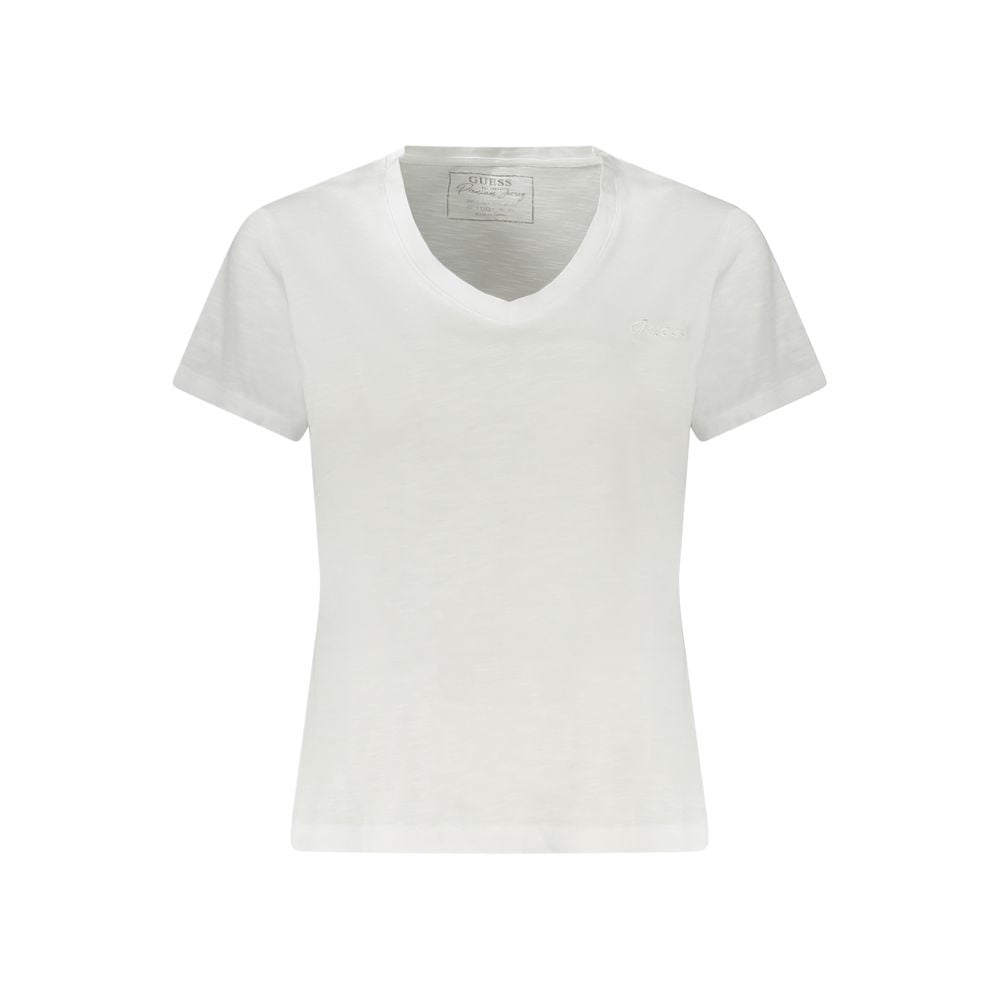 White Guess Jeans women's V-neck t-shirt with embroidered logo, cotton-modal blend, short sleeves, casual and stylish fashion.
