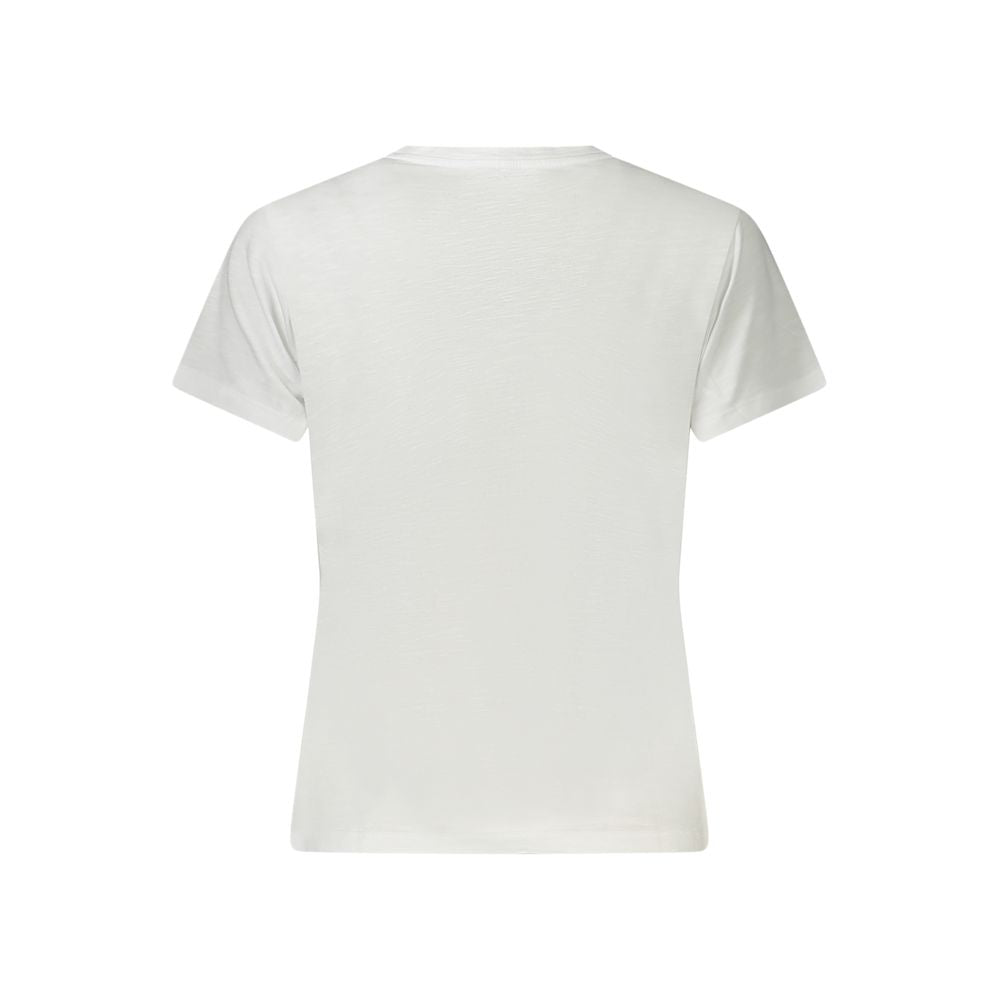 Back view of Guess Jeans White Cotton Women T-Shirt, featuring short sleeves and a soft cotton blend, perfect for casual style.