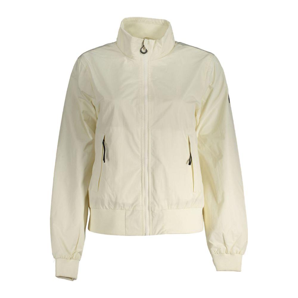 North Sails white polyester women's jacket with zip closure and pockets, showcasing a stylish and sustainable design.