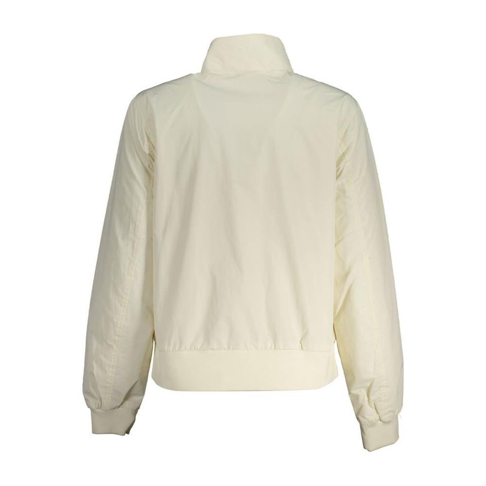 Back view of North Sails white polyester women's jacket with long sleeves and water-resistant fabric.