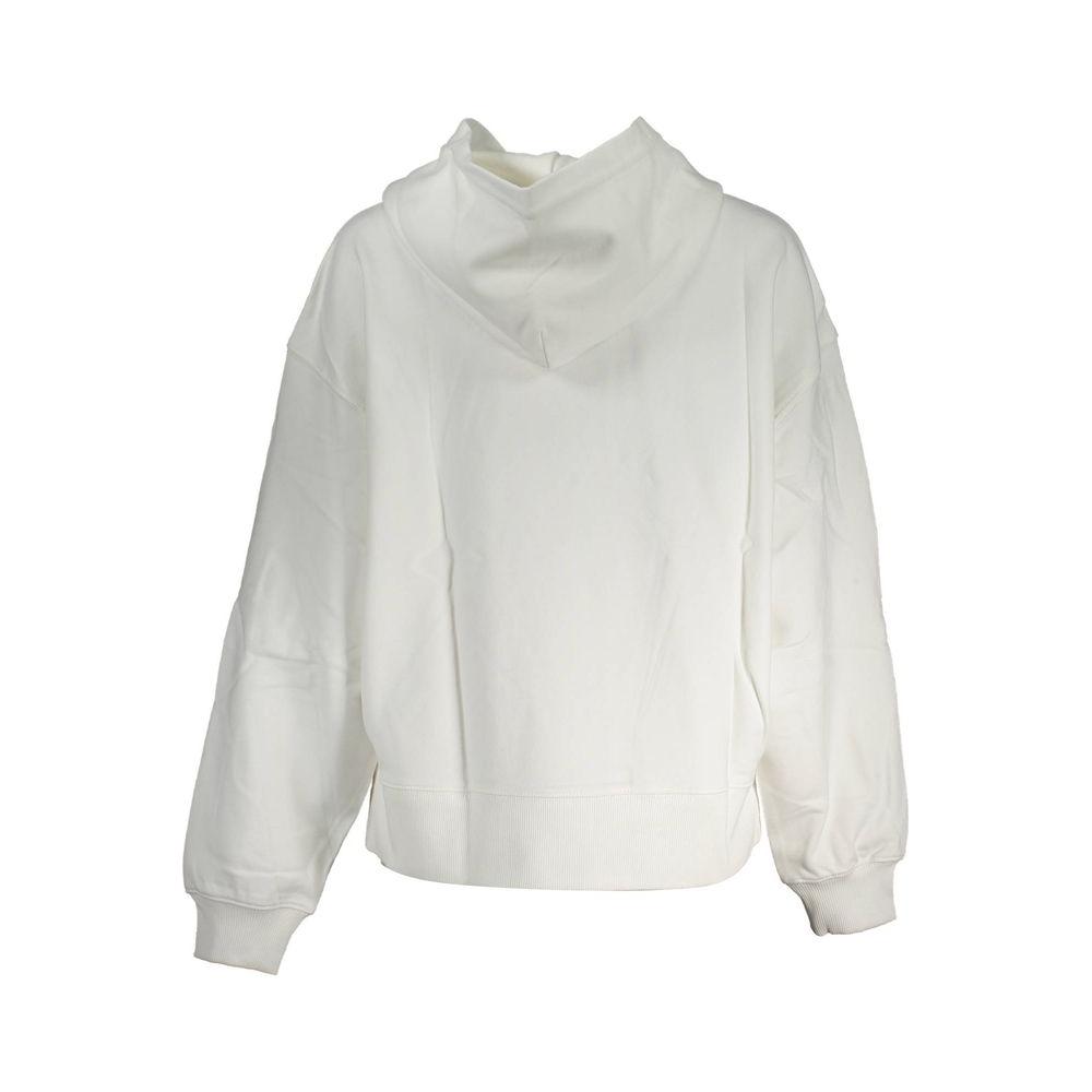 Calvin Klein white cotton women's sweater with hood, showcasing its eco-friendly recycled material. Back view, minimalist style.