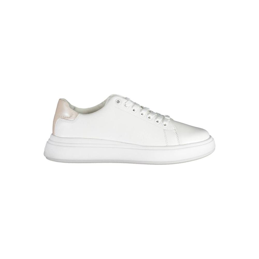 Calvin Klein white leather women's sneaker with contrasting design and iconic logo, perfect for fashion-forward athletes and street style lovers.