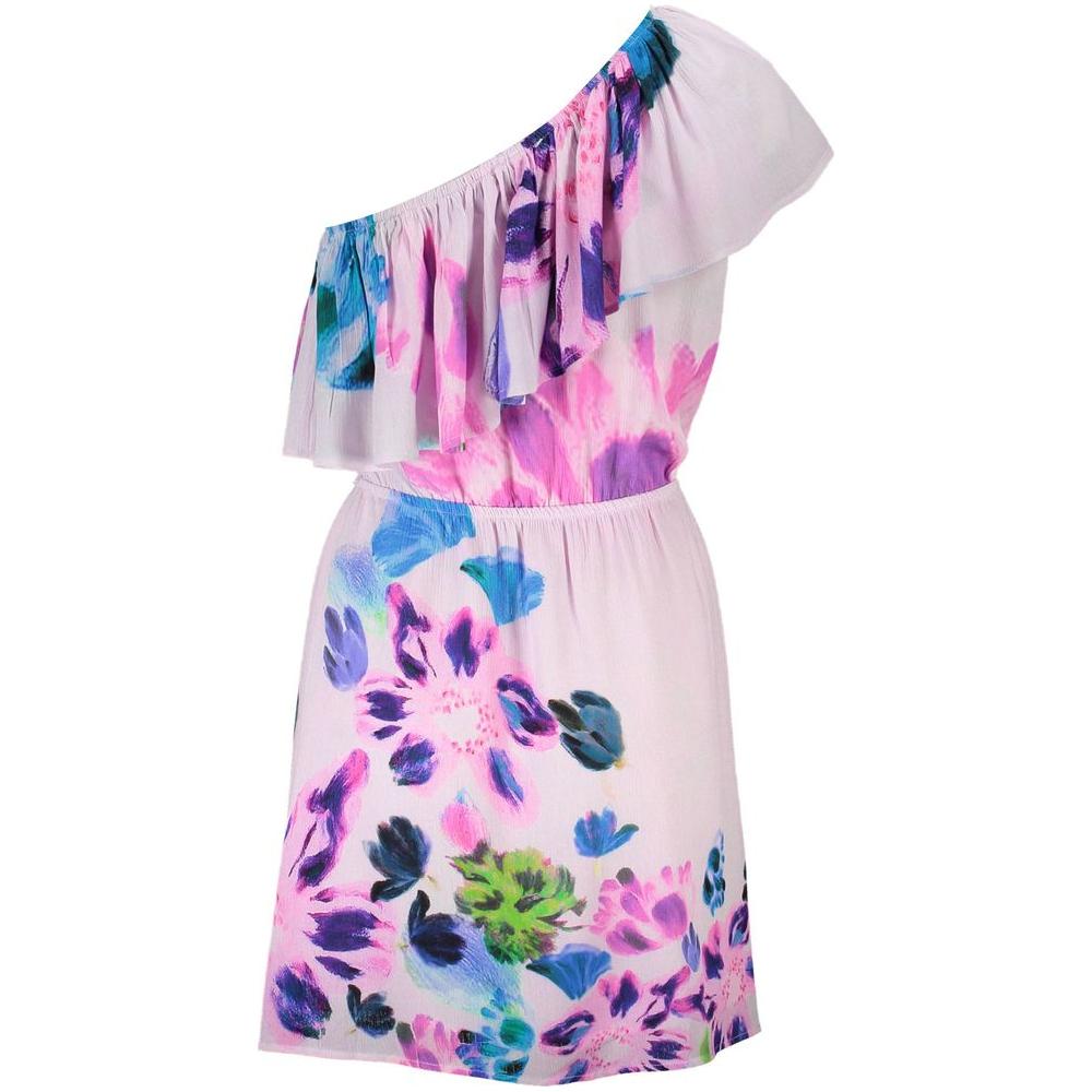 Desigual pink one-shoulder dress with floral design and elastic waistband, featuring bold colors and logo for a chic and luxurious look.