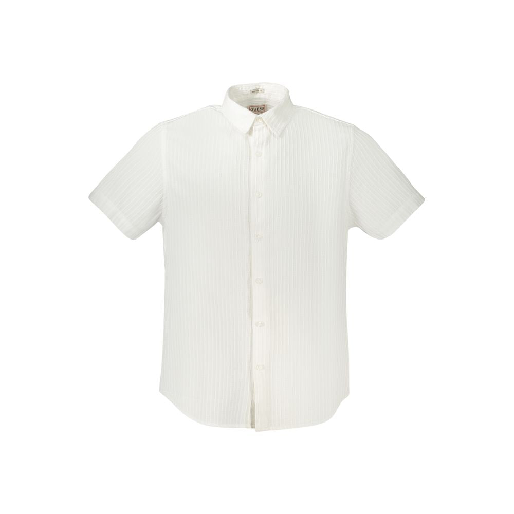 White Guess Jeans men's shirt with Italian collar, contrasting details, and Guess logo, perfect for smart-casual occasions.