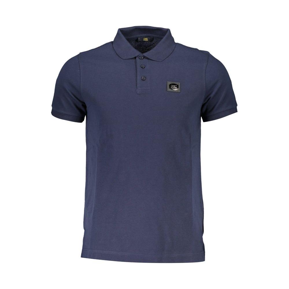 Cavalli Class blue cotton polo shirt for men featuring a three-button placket and distinctive logo embellishment, short sleeves.