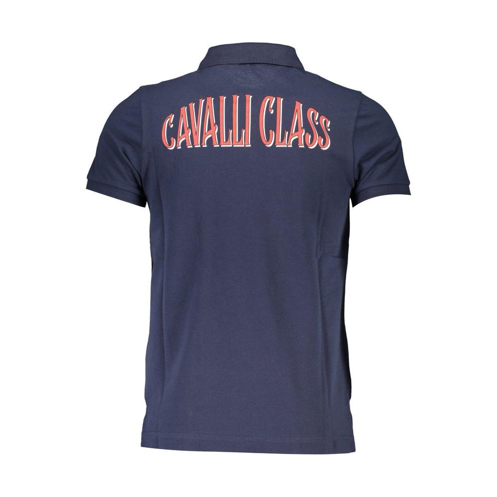 Cavalli Class blue cotton men's polo shirt with logo print on back, featuring short sleeves and a modern fit.