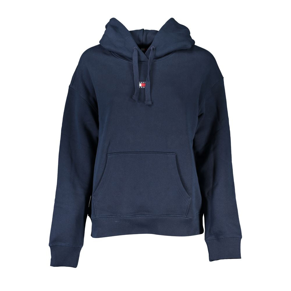 Tommy Hilfiger blue cotton women’s sweater with hood, long sleeves, central pocket, and logo, ideal for comfort and sustainable style.